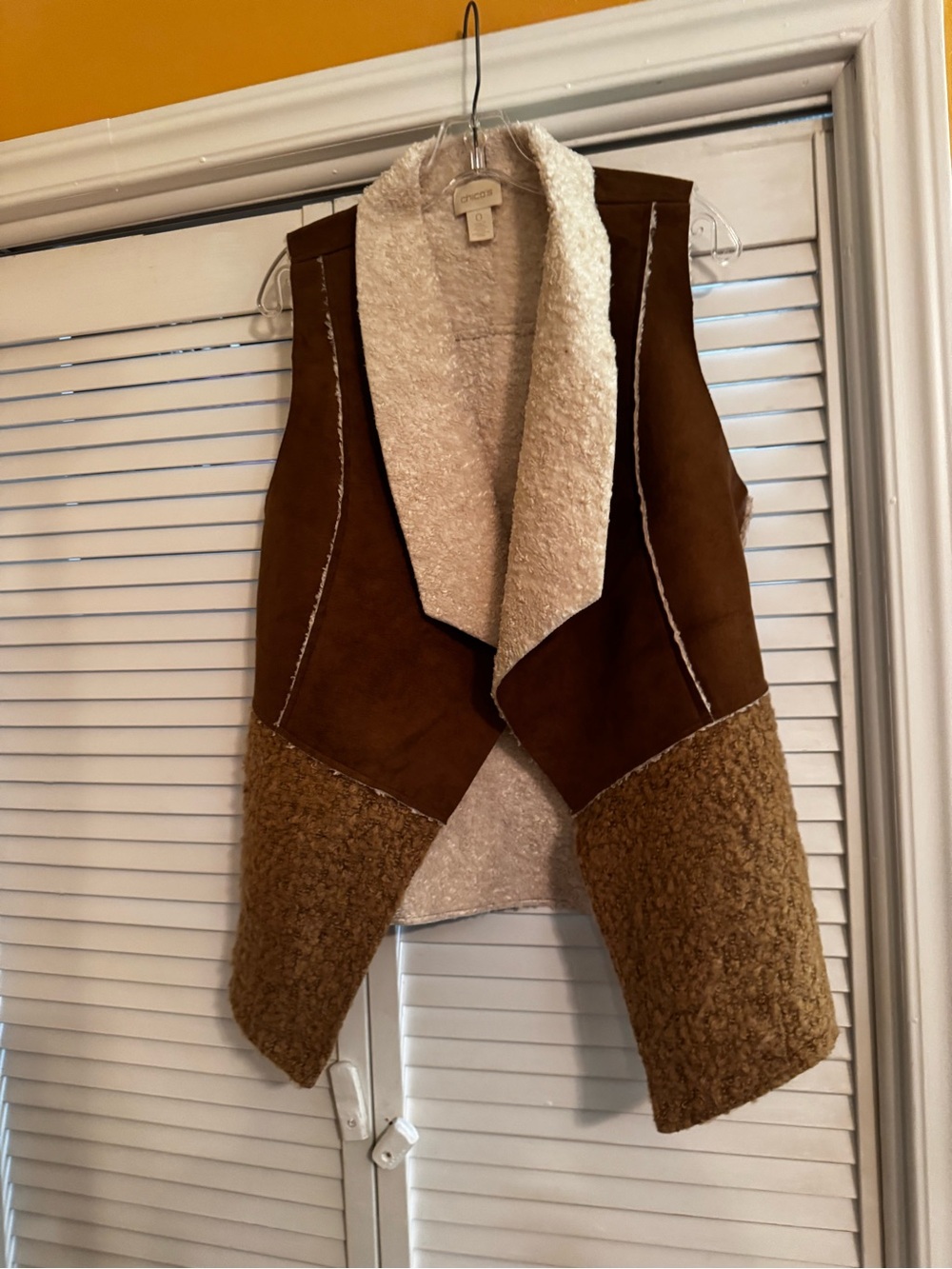 Chico's Brown Suede Vest with Cream Faux-Shearling Trim